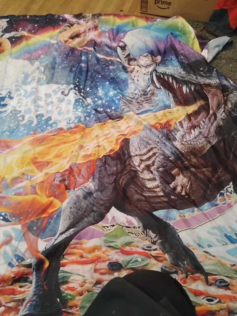 Source Unknown Multicolor Cosmic Cat & T-Rex Shower Curtain